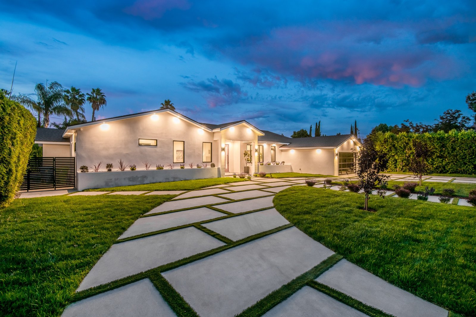 Modern new construction home in Los Angeles at sunset